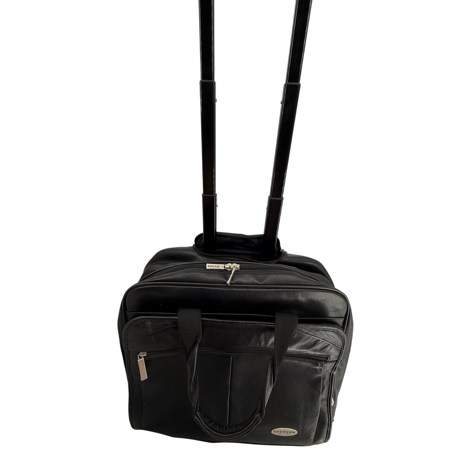 Stetson Black Rolling Leather Laptop Briefcase Carry On Travel Bag Style 85032